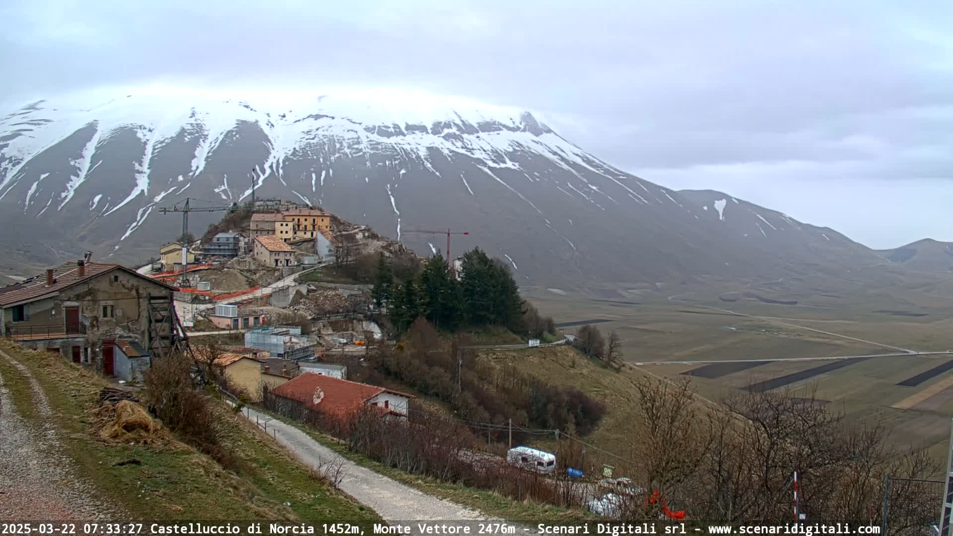 A small village nestled on a hillside, with construction underway, overlooks a snow-capped mountain range under an overcast sky.