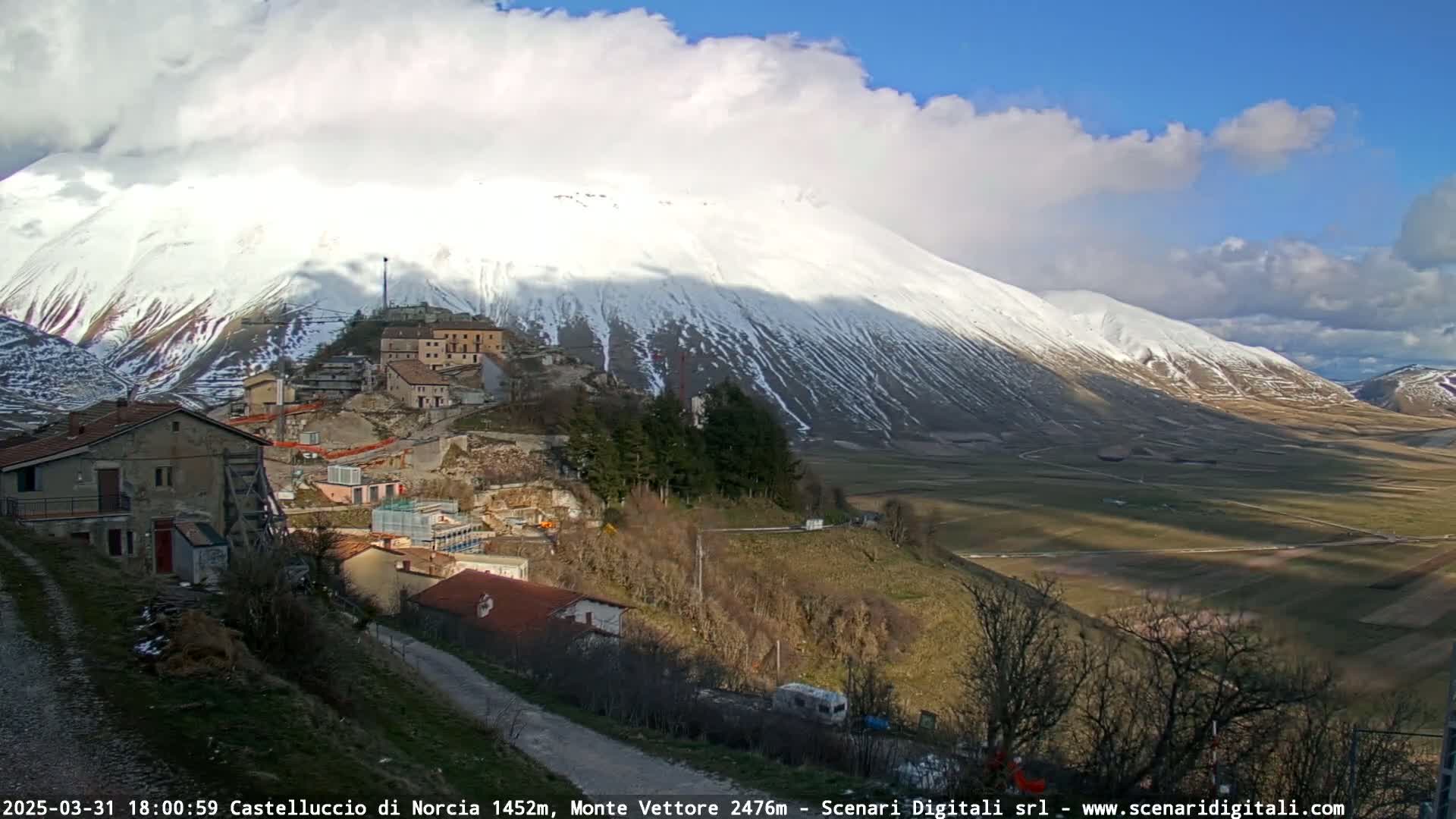 A partly cloudy day reveals a snow-capped mountain overlooking a small village nestled in a valley.
