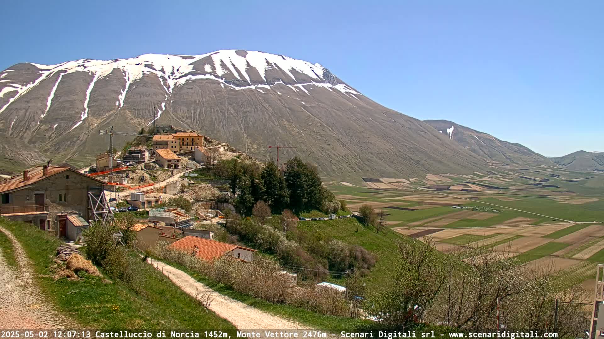 A partly snow-capped mountain overlooks a valley of cultivated fields and a small town under a clear blue sky.