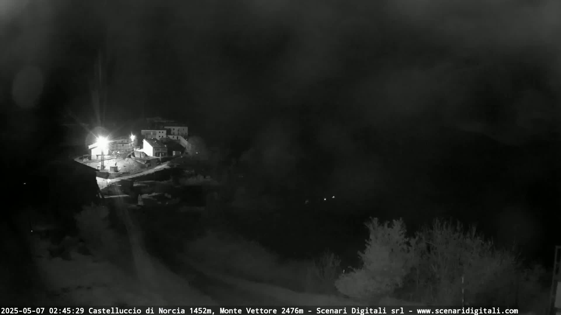 A dimly lit village is visible at night, shrouded in fog or mist.