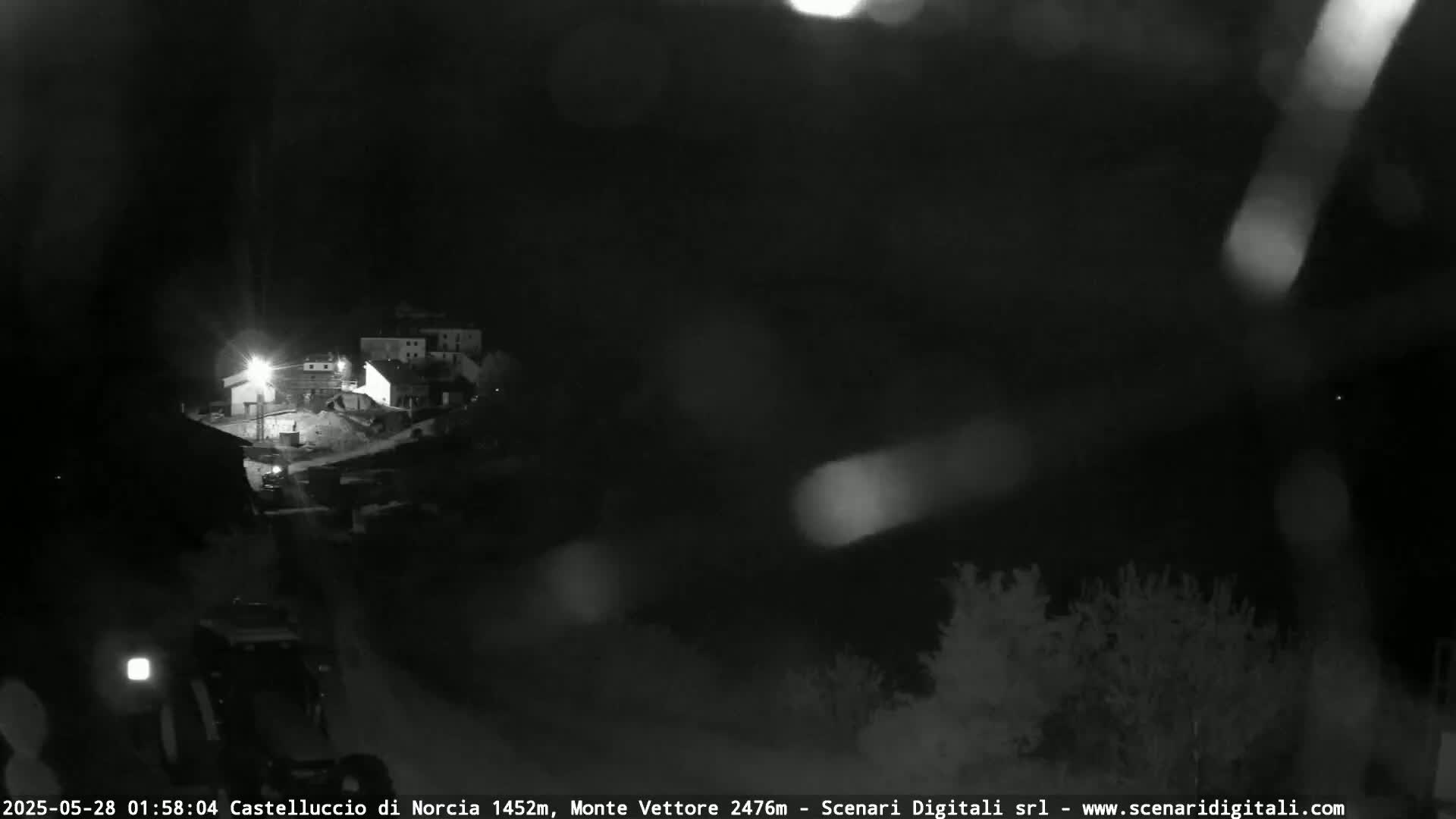 A nighttime, blurry, black and white view of a small village illuminated by lights, with rain or snow obscuring the view.