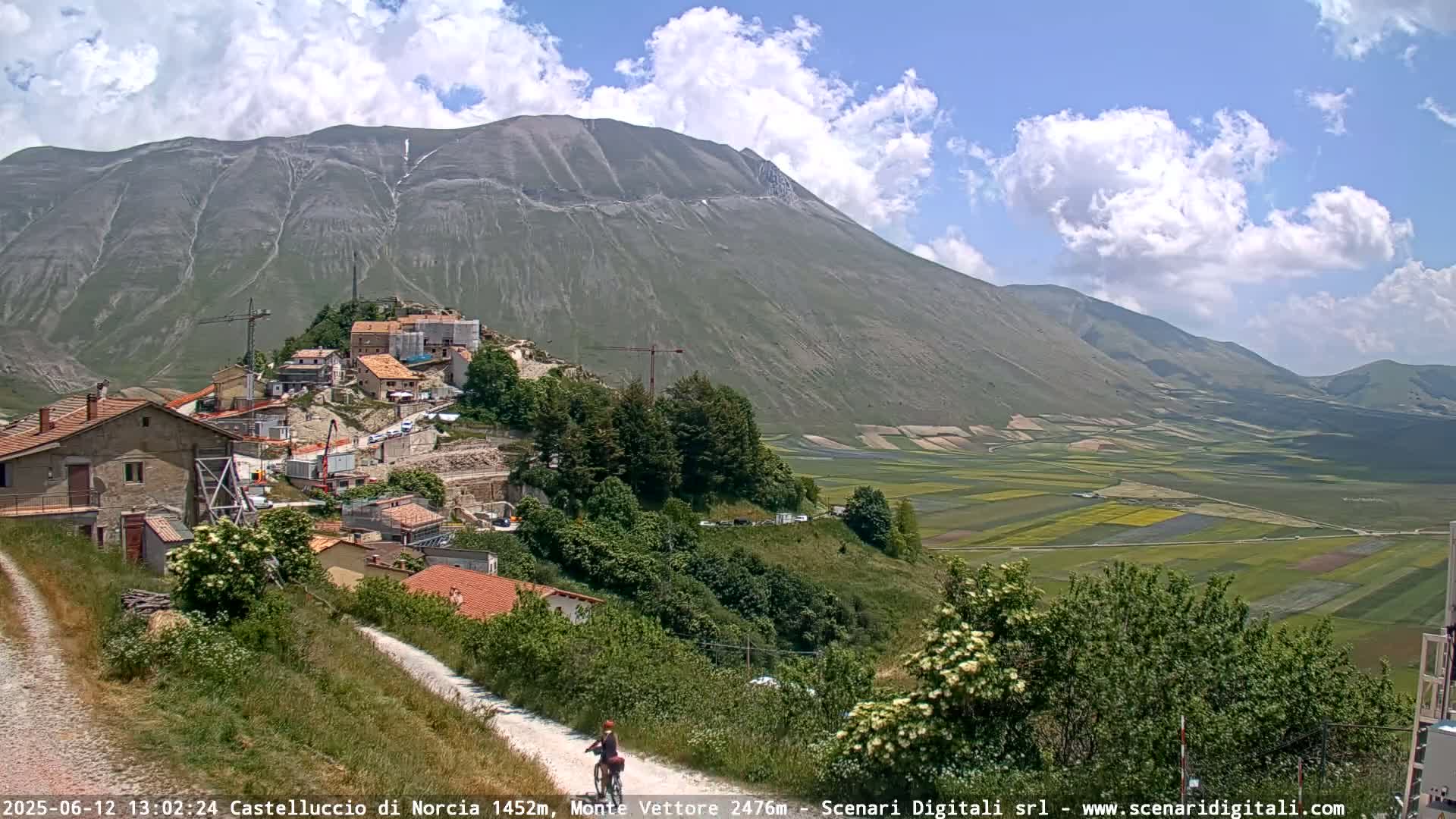 A cyclist rides on a dirt road overlooking a small village nestled in a valley beneath a large mountain on a partly cloudy day.