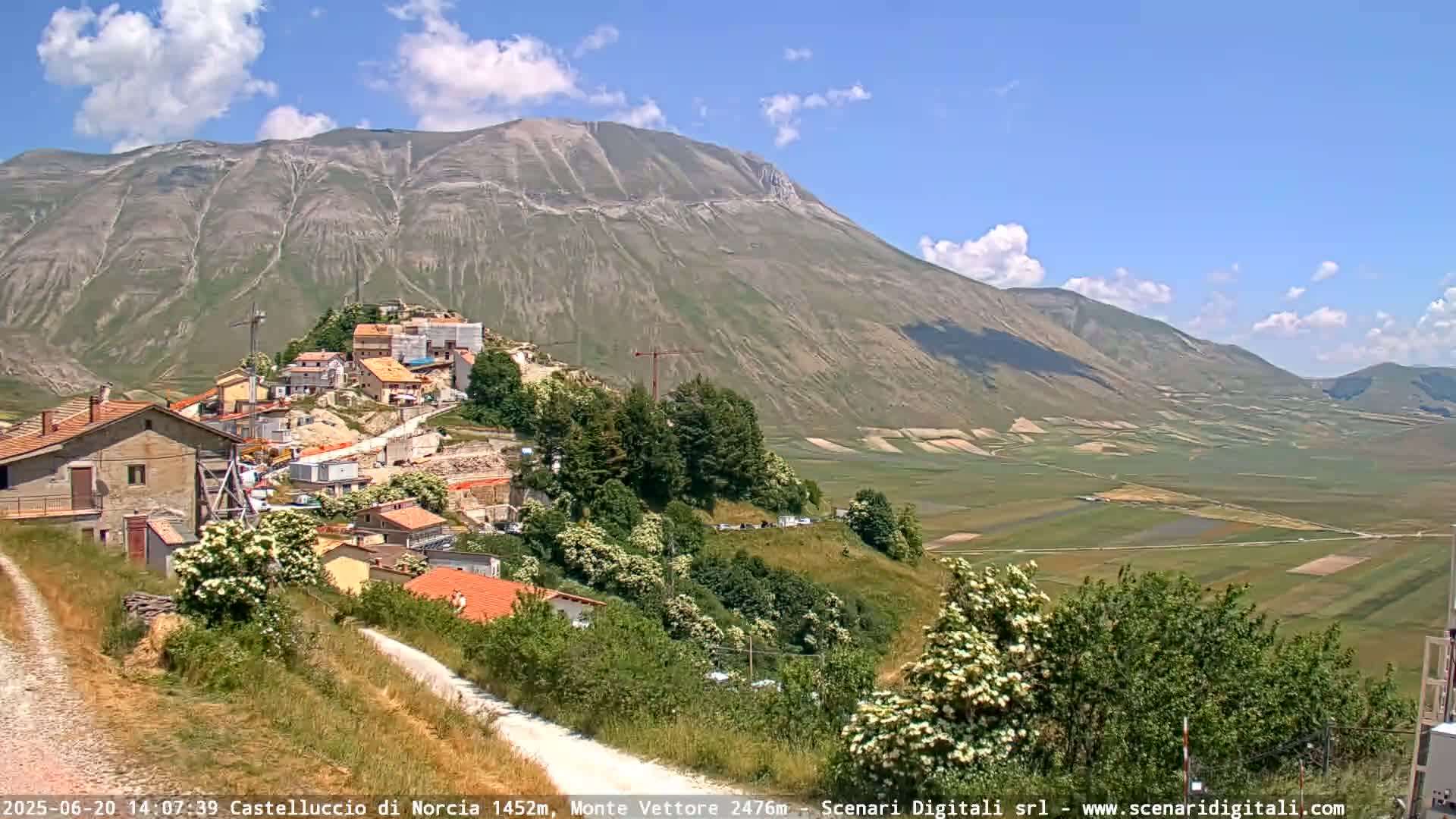 A small town nestled on a hillside beneath a large mountain, under a mostly sunny sky with a few clouds, overlooks a vast, flat valley of farmland.