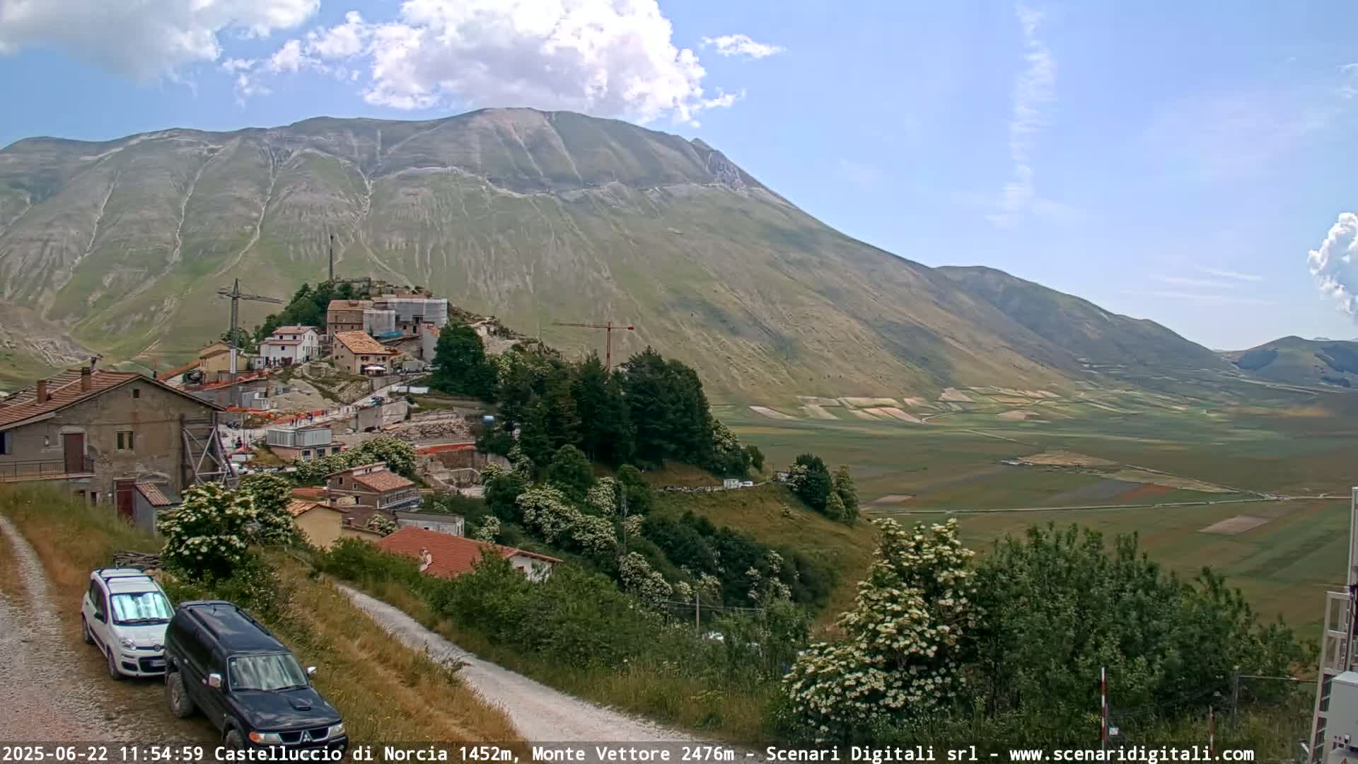A mountain village nestled in a valley, with a large mountain in the background under a mostly sunny sky, and two cars parked on a dirt road in the foreground.