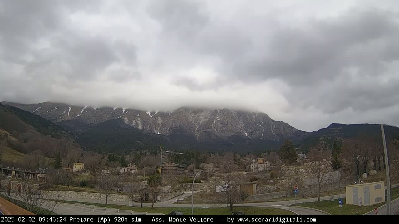A small town sits in a valley below a large, snow-dusted mountain range under a cloudy sky.