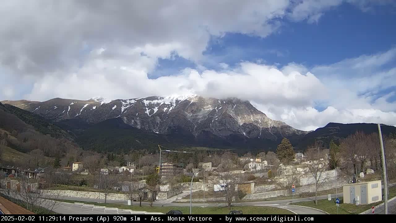 A partly cloudy day reveals a snow-capped mountain range overlooking a small town nestled in a valley.