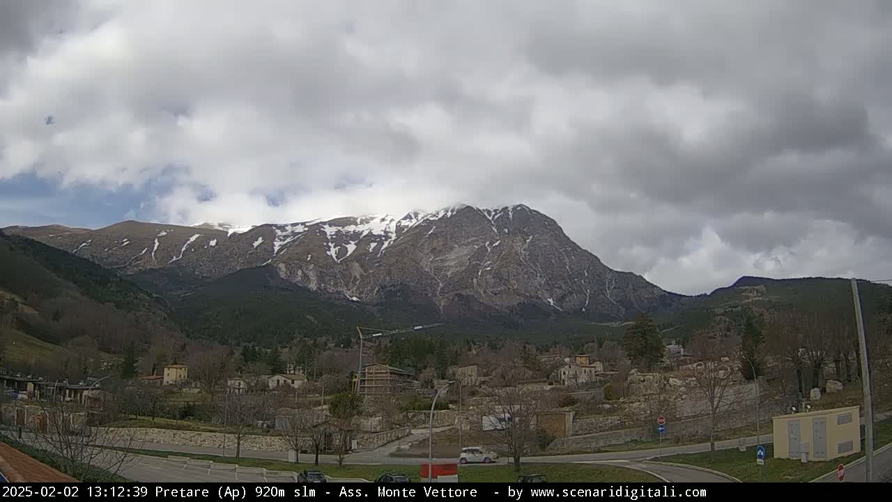 A snow-capped mountain looms over a small town under a cloudy sky.