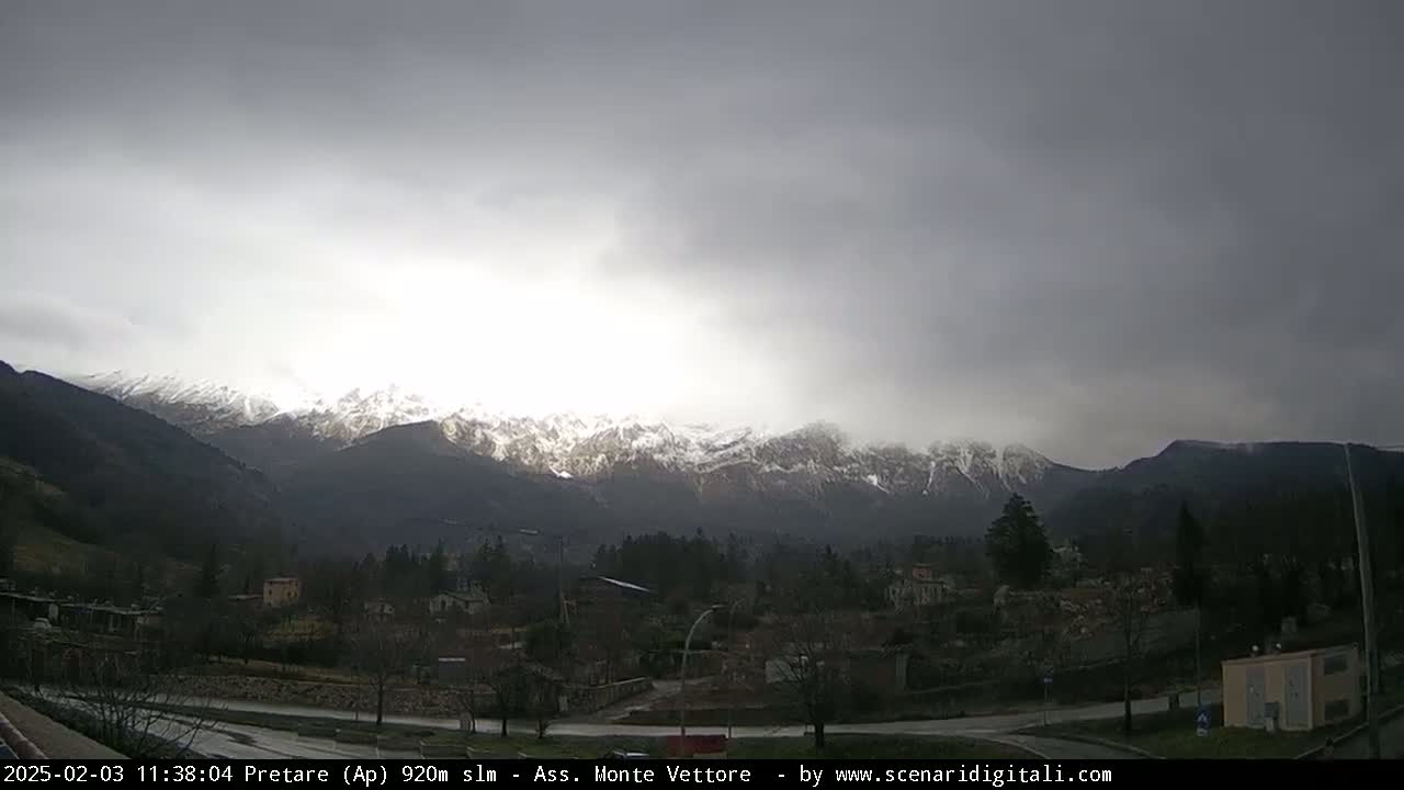 A snow-capped mountain range is visible in the distance under an overcast sky, overlooking a valley with buildings and trees.