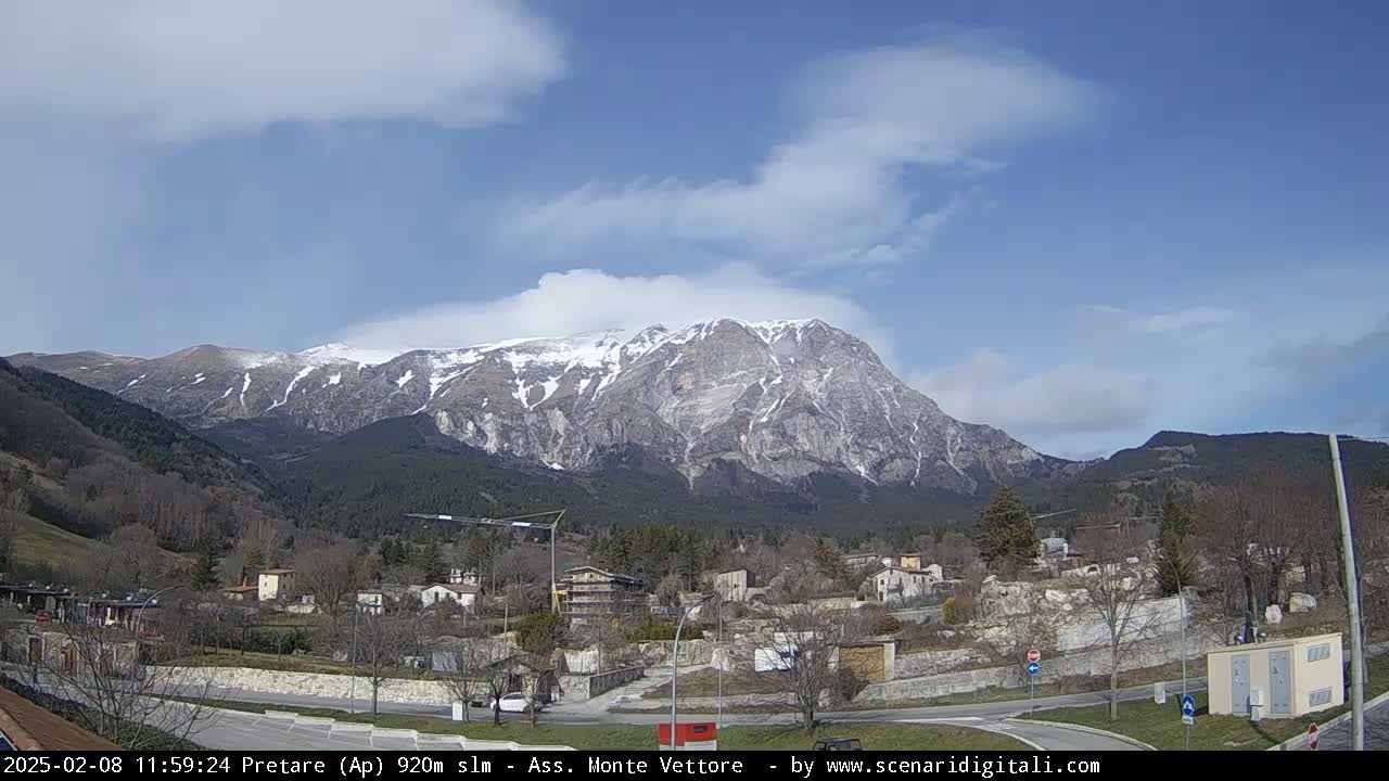 A snow-capped mountain looms over a small town under a partly cloudy sky.