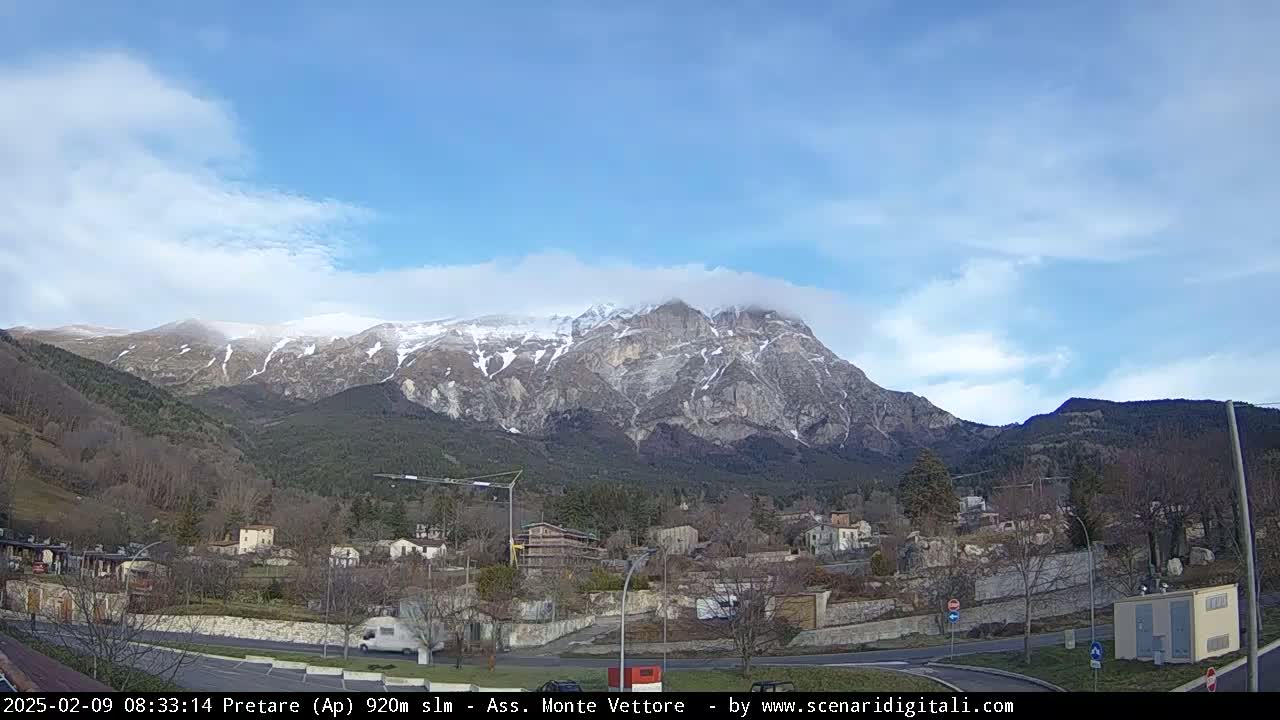 A partly cloudy day reveals a snow-capped mountain range behind a small town nestled in a valley.