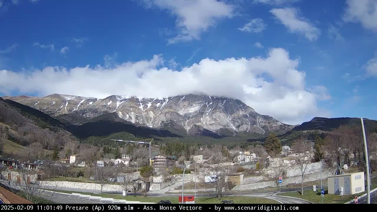 A partly cloudy day reveals a snow-capped mountain range overlooking a small town nestled in a valley.