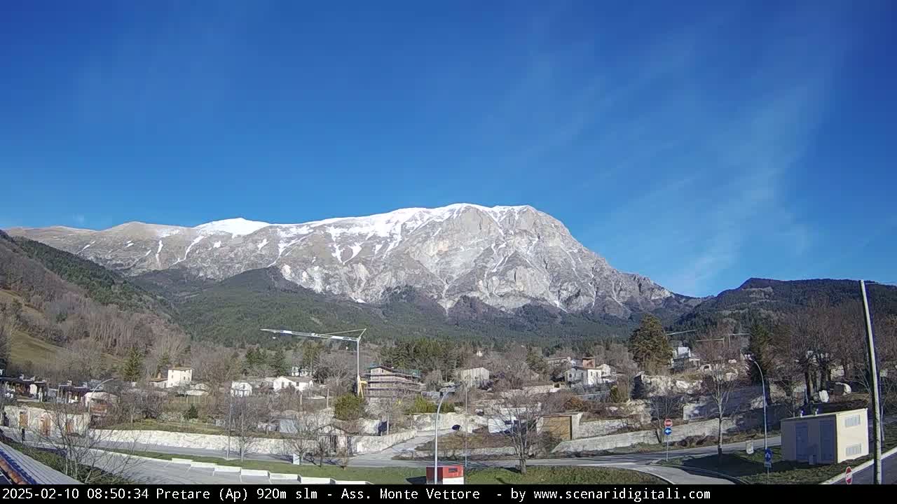 A snow-capped mountain looms over a small town nestled in a valley under a clear blue sky.