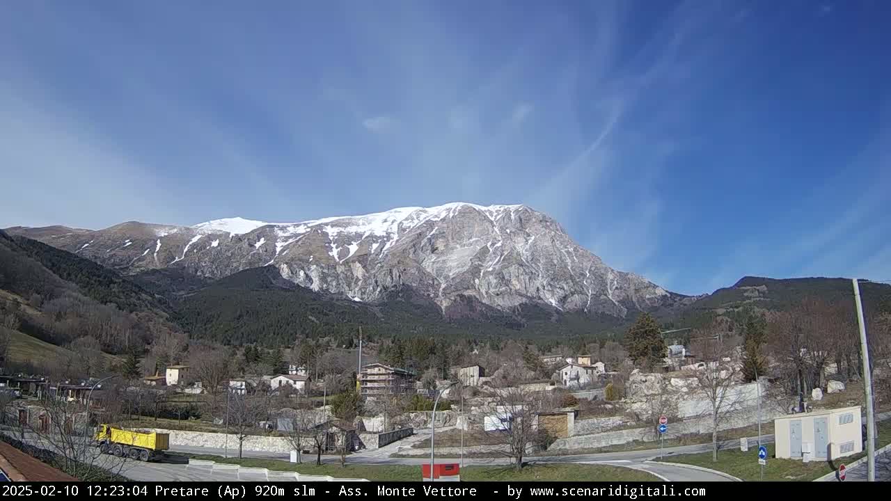 A snow-capped mountain looms over a small town under a mostly sunny sky.