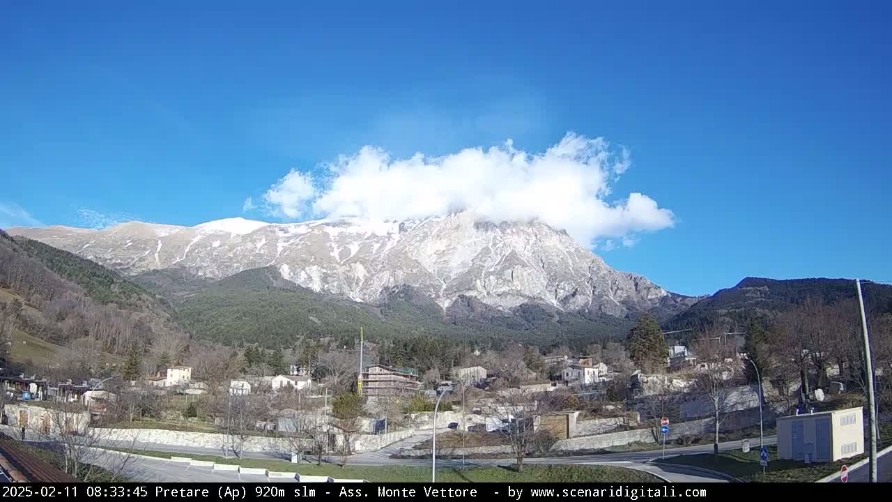 A partly cloudy blue sky overlooks a snow-capped mountain behind a small town nestled in a valley.
