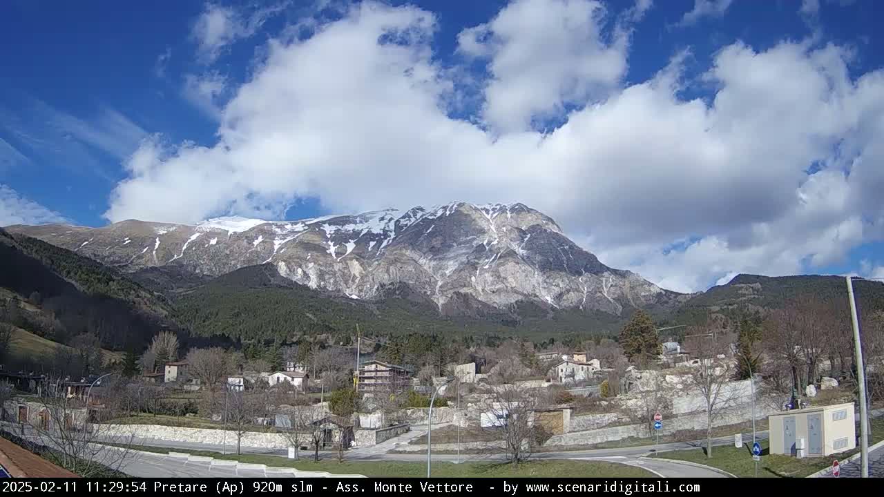 A partly cloudy day reveals a snow-capped mountain overlooking a small village nestled in a valley.