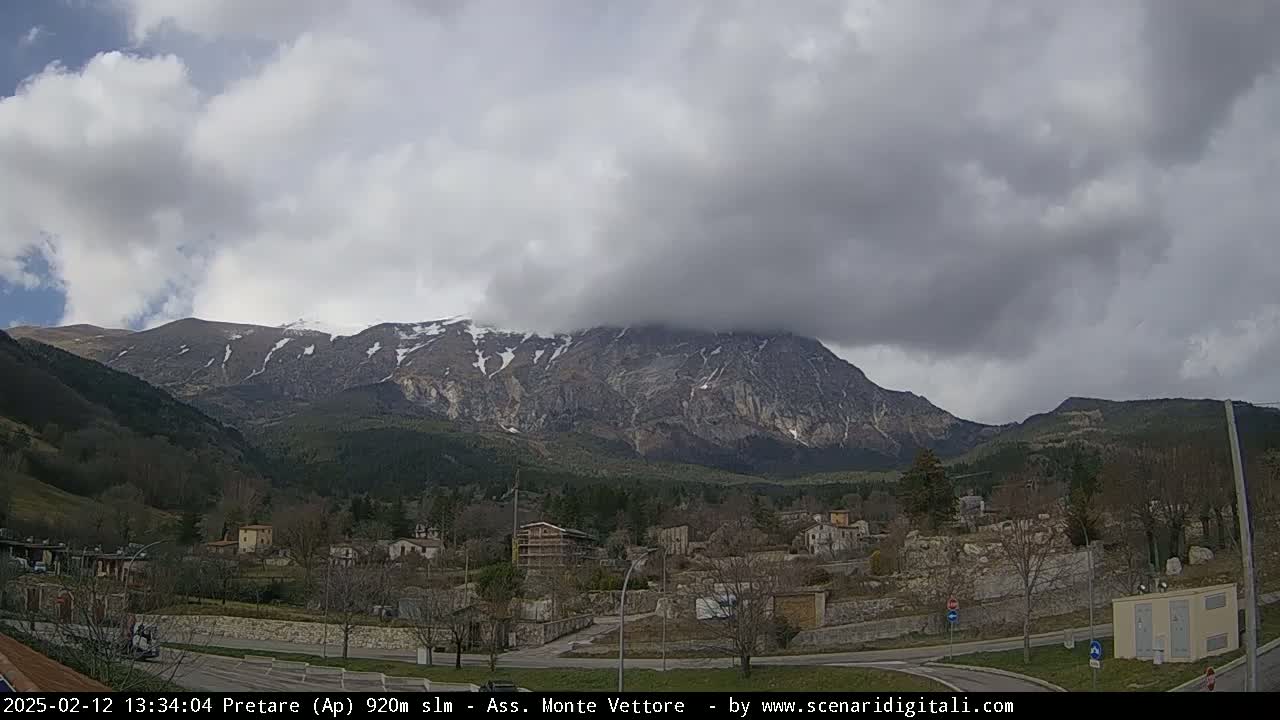 A partially cloudy sky hangs over a small town nestled in a valley, with a large, snow-capped mountain in the background.