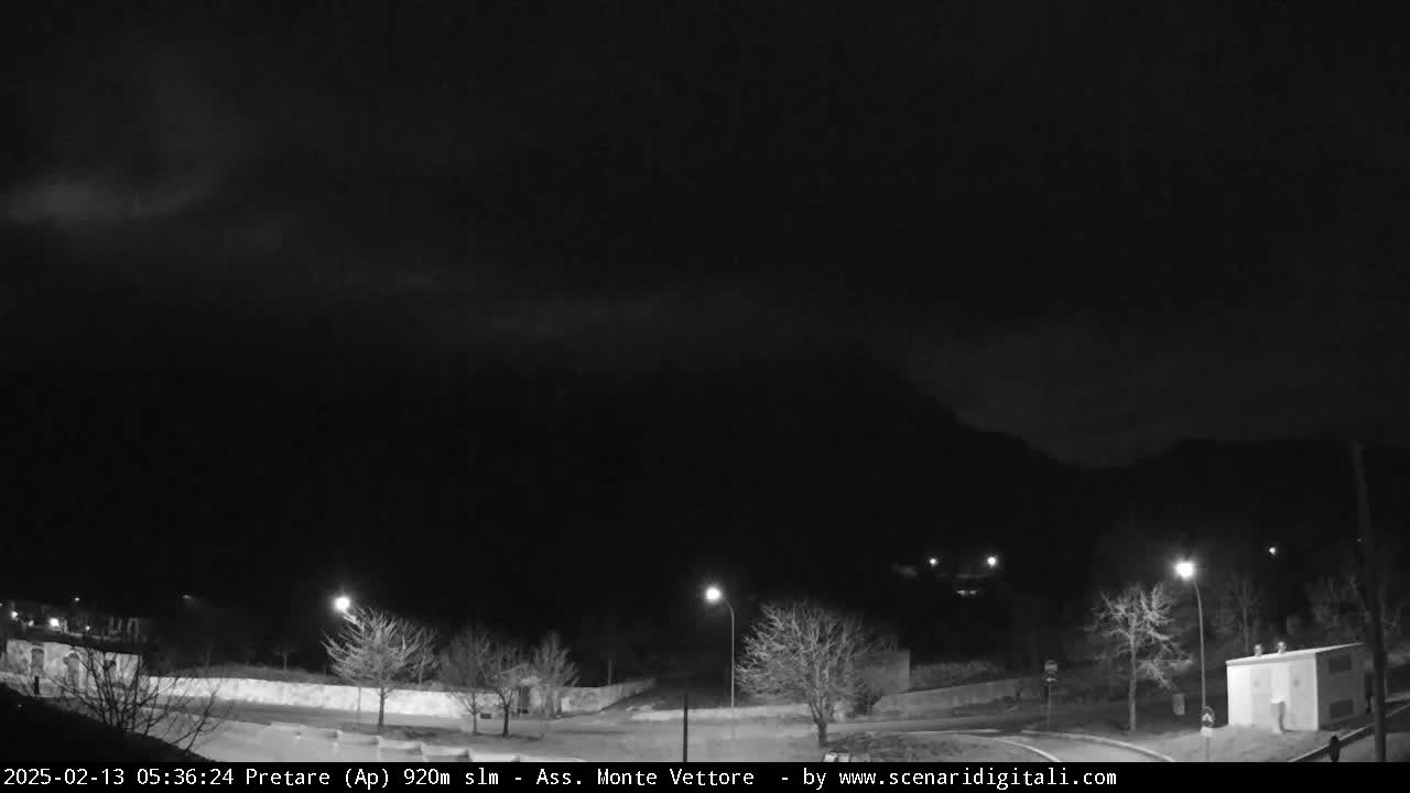 A nighttime, overcast view shows a sparsely lit road curving through a landscape of bare trees and a dark mountain in the background.