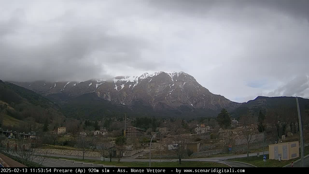 A snow-capped mountain looms over a small town under a cloudy sky.