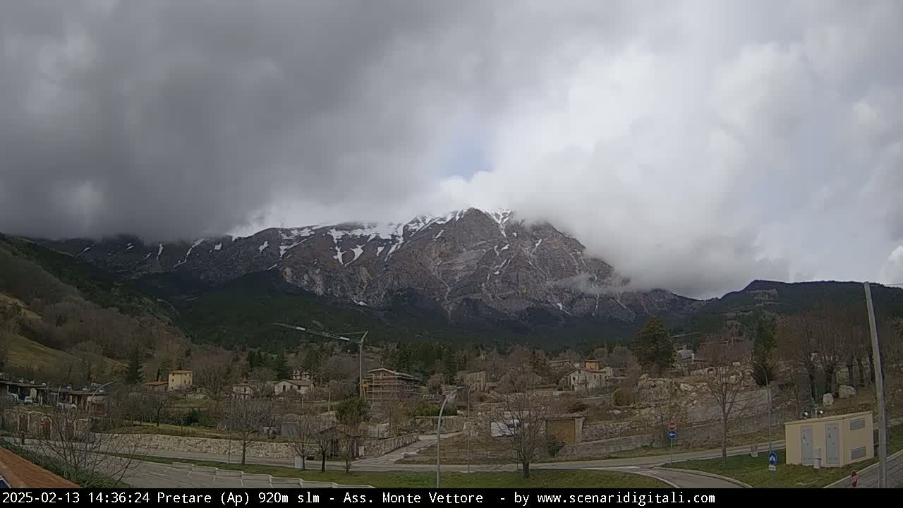 A partly cloudy day reveals a snow-capped mountain range overlooking a small village nestled in a valley.