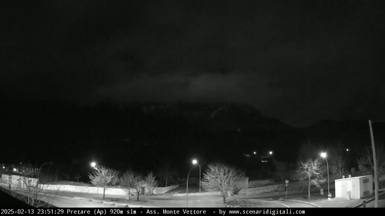 A nighttime view of a sparsely lit roadway and barren trees, with a mountain shrouded in low clouds in the background.