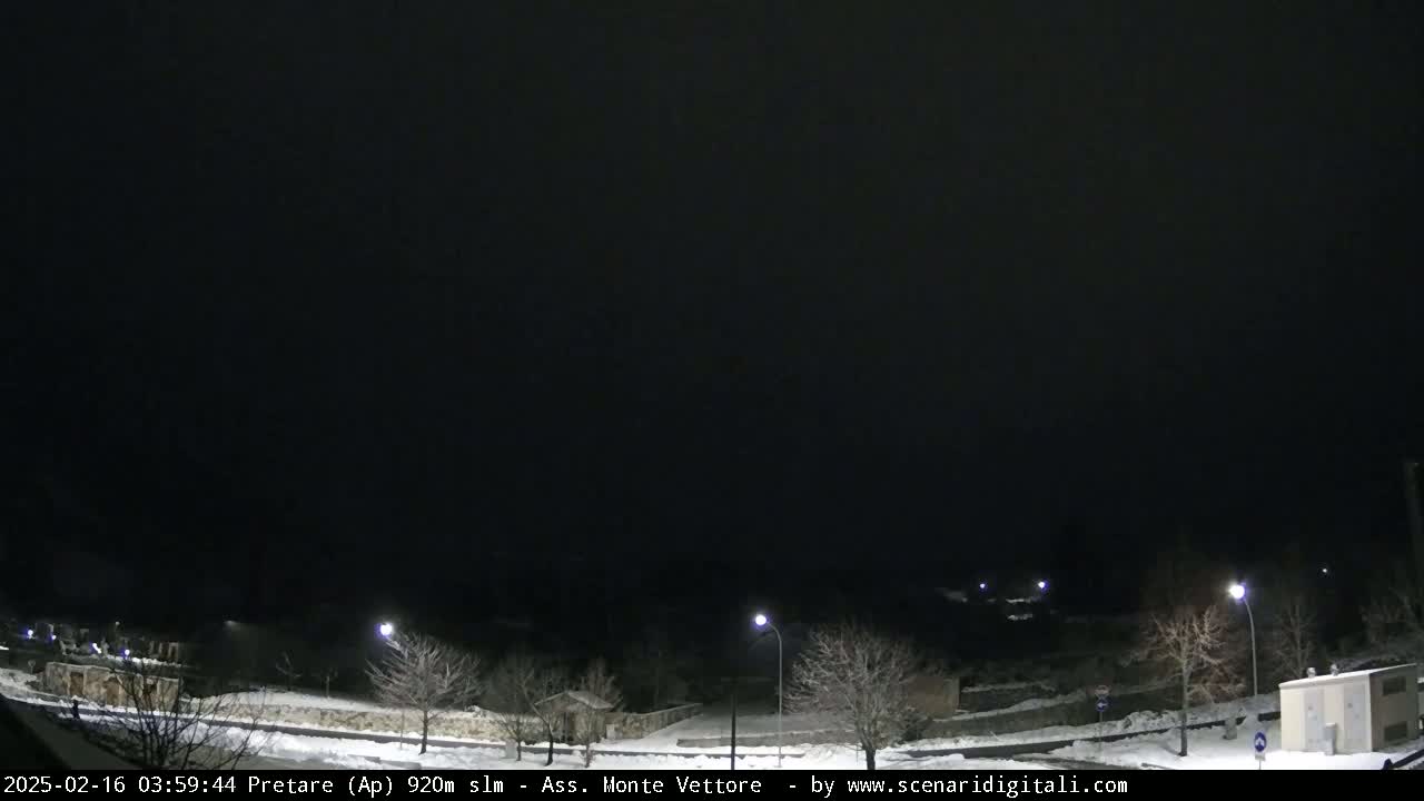 A nighttime, snow-covered landscape is illuminated by streetlights, with a dark sky overhead.