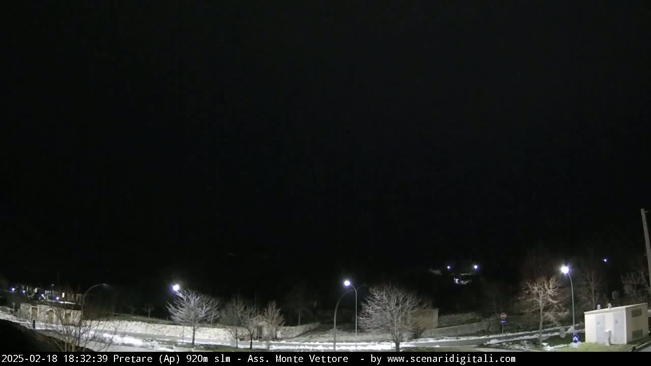 A nighttime view of a snow-dusted road curving through a sparsely populated area with bare trees and streetlights under a dark sky.