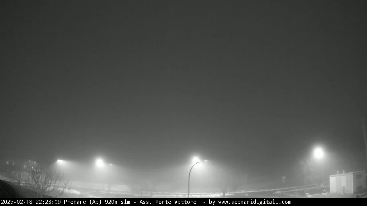 Several streetlights illuminate a foggy, nighttime scene.