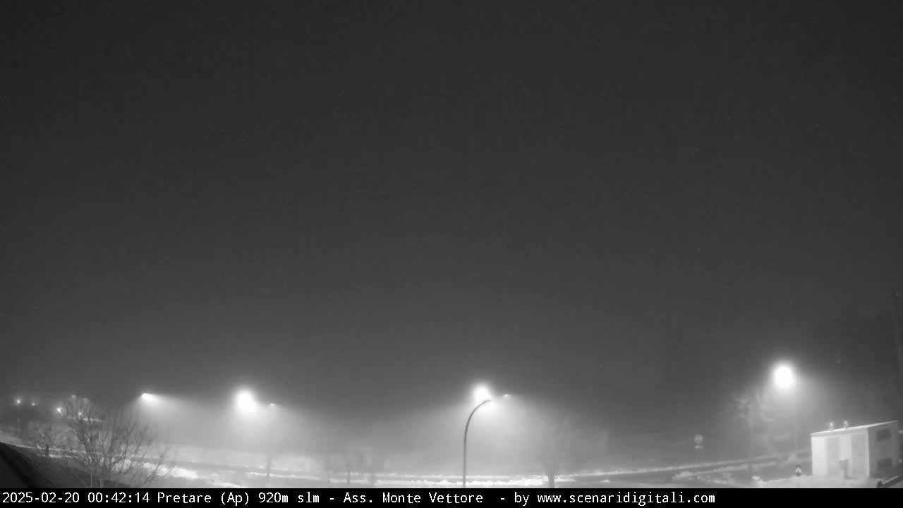 A foggy night scene shows several illuminated streetlights lining a road.