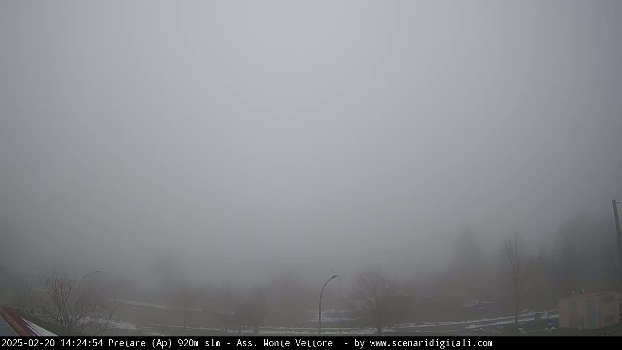 A thick fog obscures the view of a landscape with bare trees and a road, with patches of snow visible on the ground.