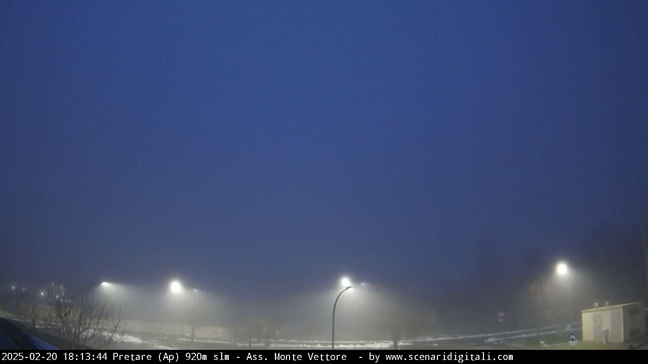 Several illuminated streetlights are visible through a dense fog at twilight.