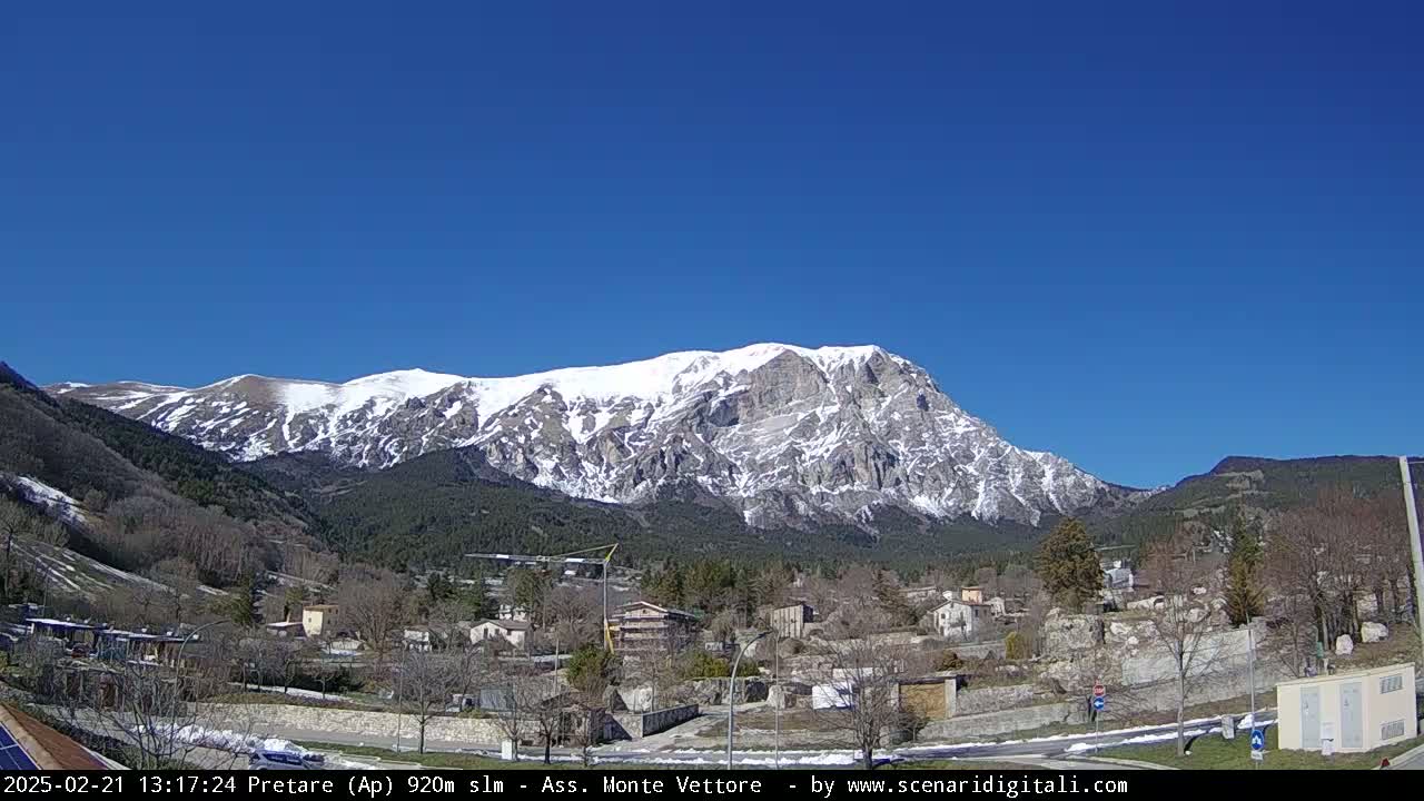 A snow-capped mountain rises behind a small village under a clear blue sky.
