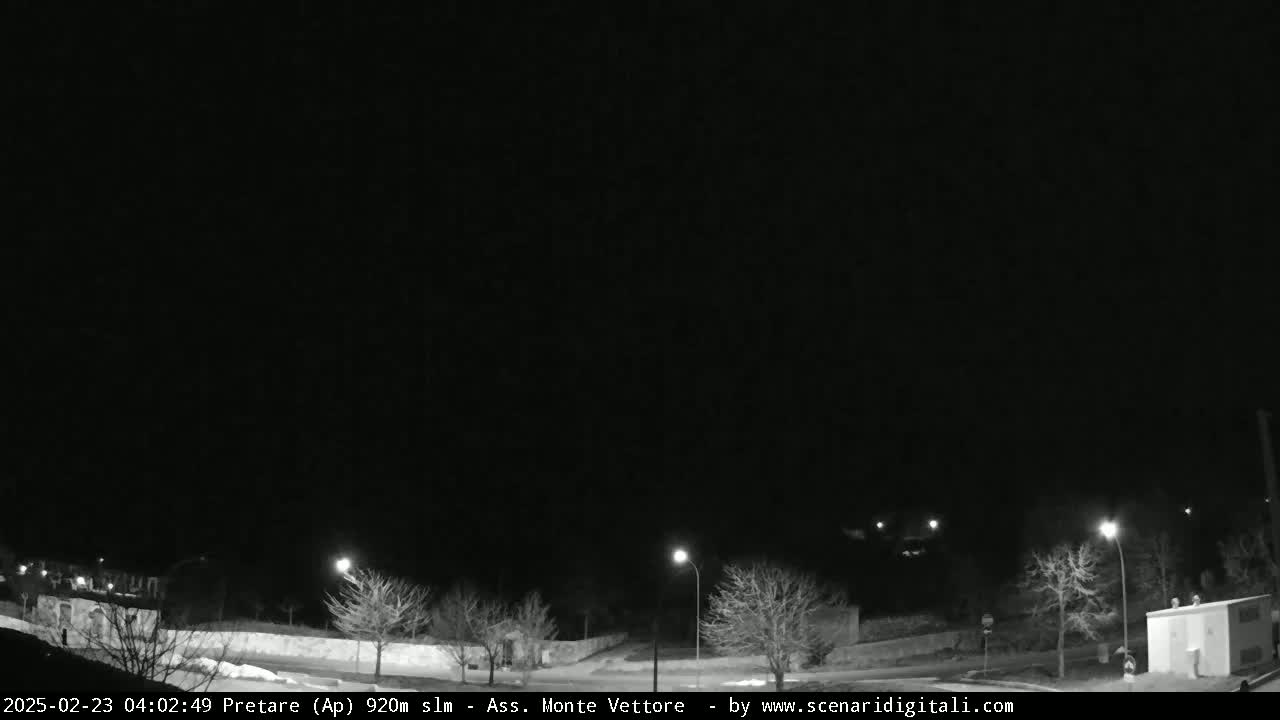 A nighttime, low-light view of a road illuminated by streetlights, passing through a sparsely wooded area with some snow on the ground.