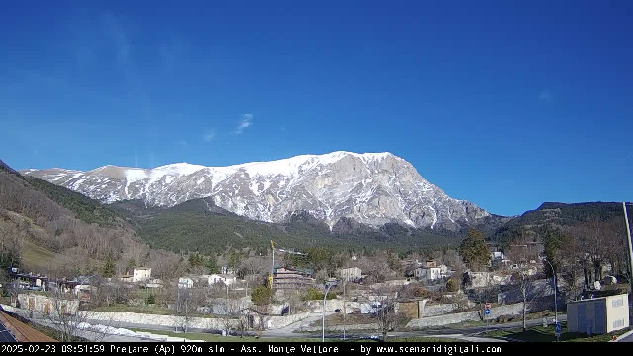 A snow-capped mountain looms over a small town nestled in a valley under a clear blue sky.