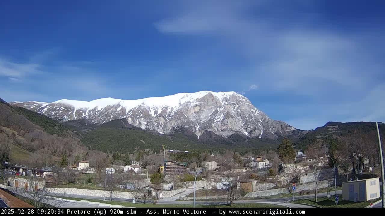 A snow-capped mountain looms over a small village nestled in a valley under a mostly clear blue sky.
