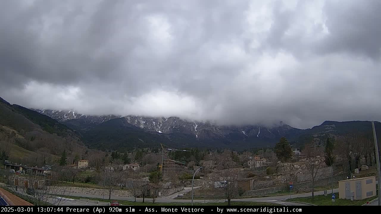 A small town sits in a valley below snow-capped mountains under a cloudy sky.