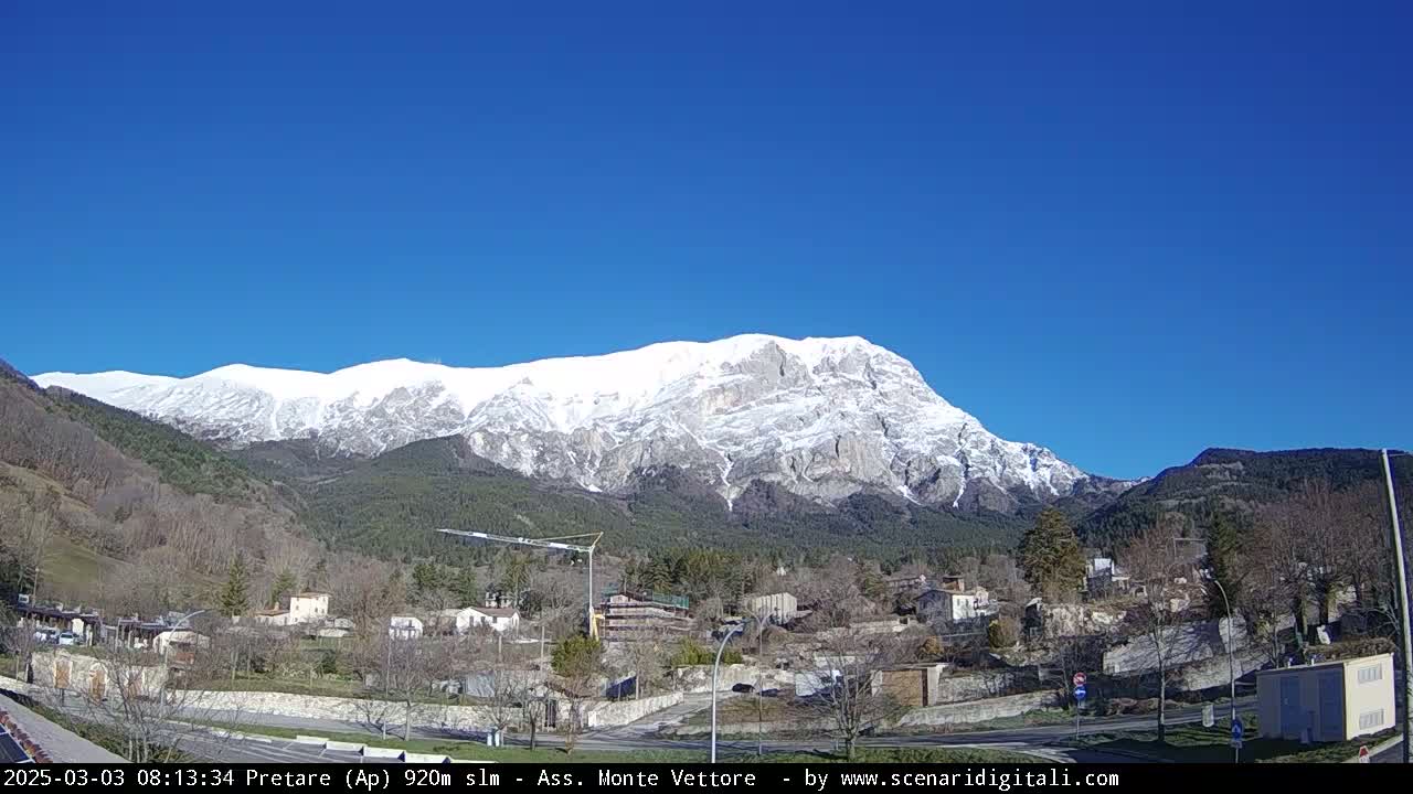 A snow-capped mountain looms over a small village nestled in a valley under a clear blue sky.