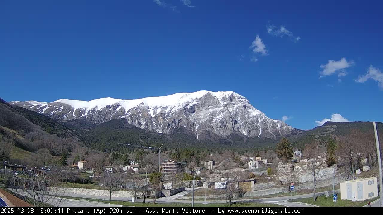A snow-capped mountain rises behind a small town under a clear blue sky with a few scattered clouds.