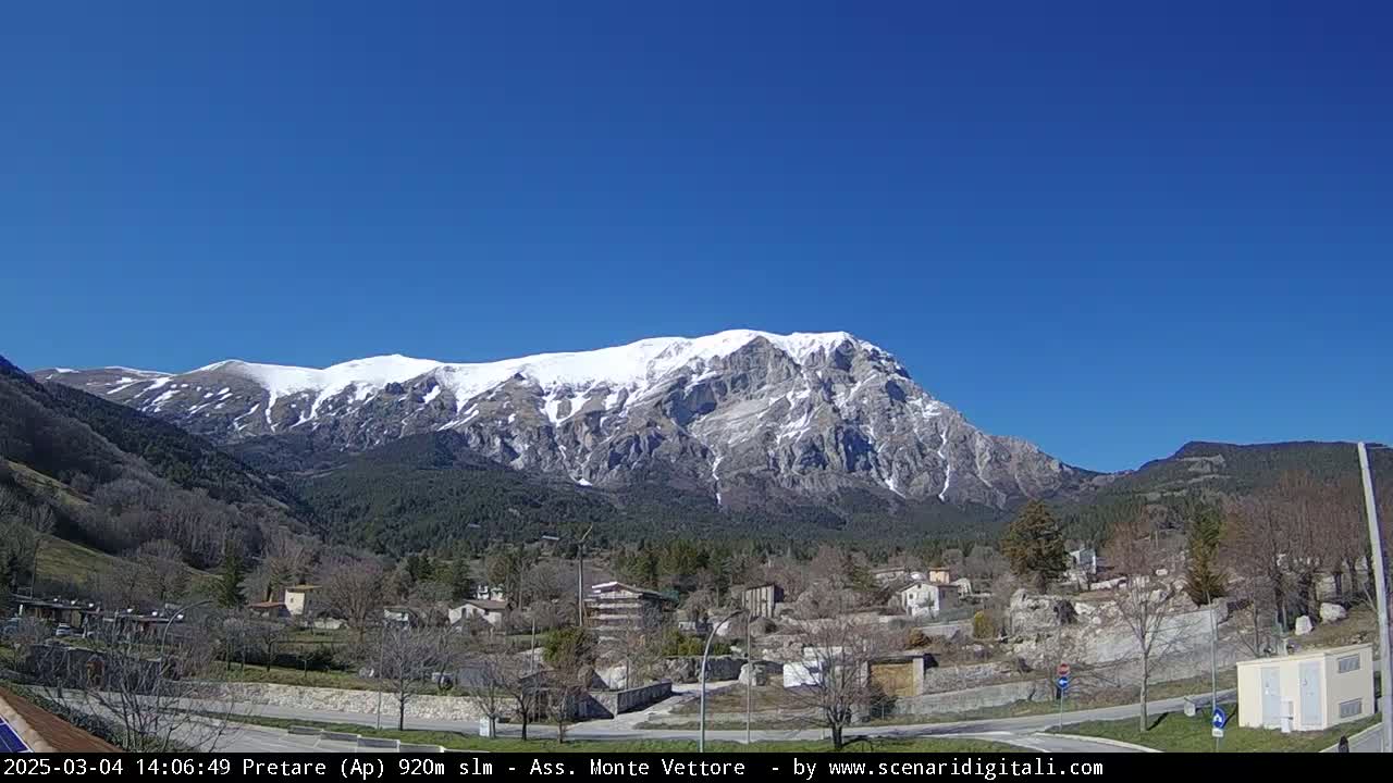 A snow-capped mountain looms over a small village under a clear blue sky.