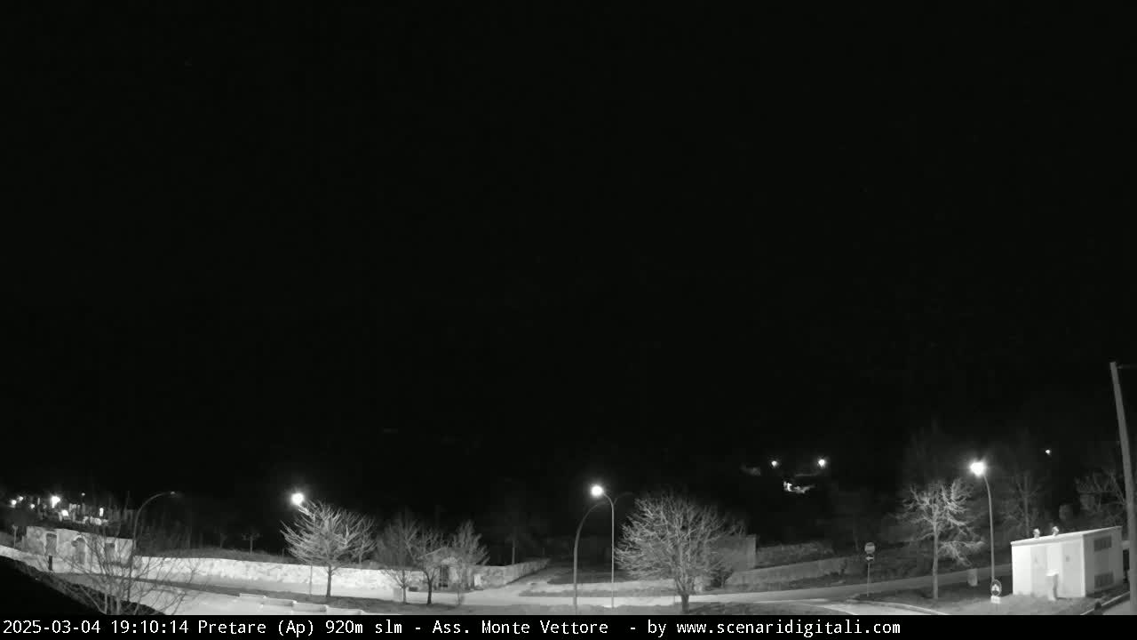 A nighttime, low-light grayscale image shows a mostly empty road curving through a sparsely treed area with a few streetlights illuminating the scene.