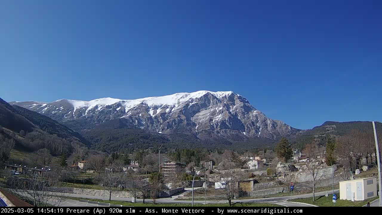 A snow-capped mountain rises behind a small village under a clear blue sky.