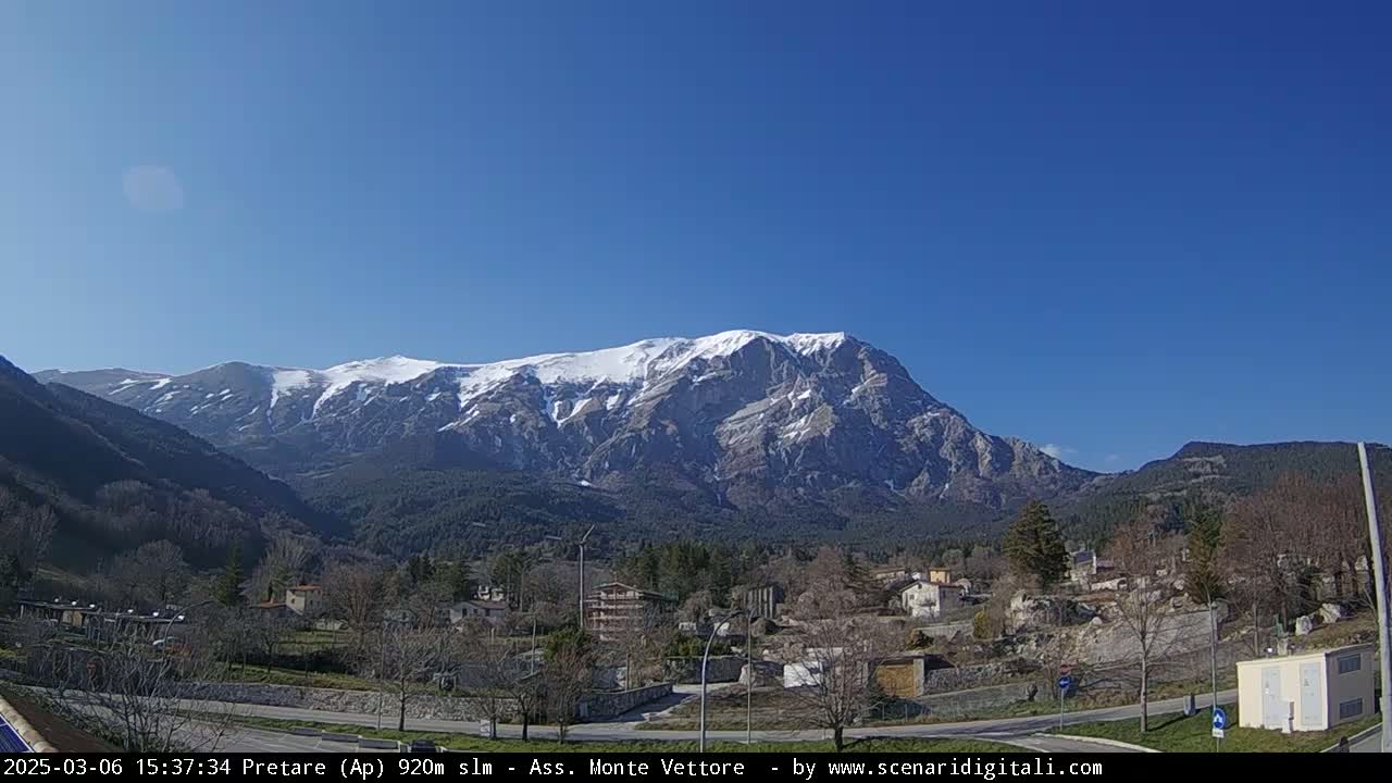 A snow-capped mountain looms over a small town nestled in a valley under a clear blue sky.