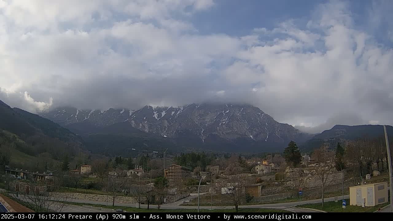A partly cloudy day reveals a snow-capped mountain range behind a small village nestled in a valley.