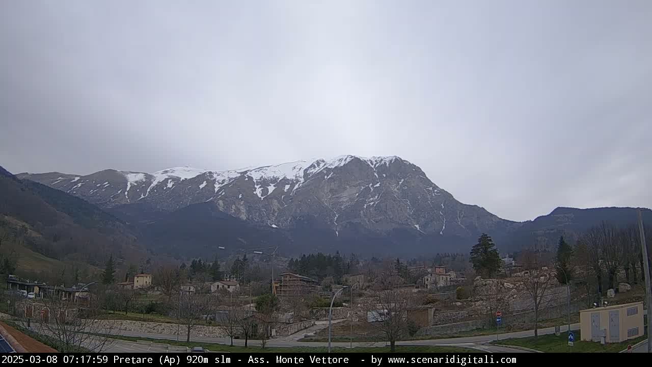 A snow-capped mountain range rises in the background behind a small town under an overcast sky.