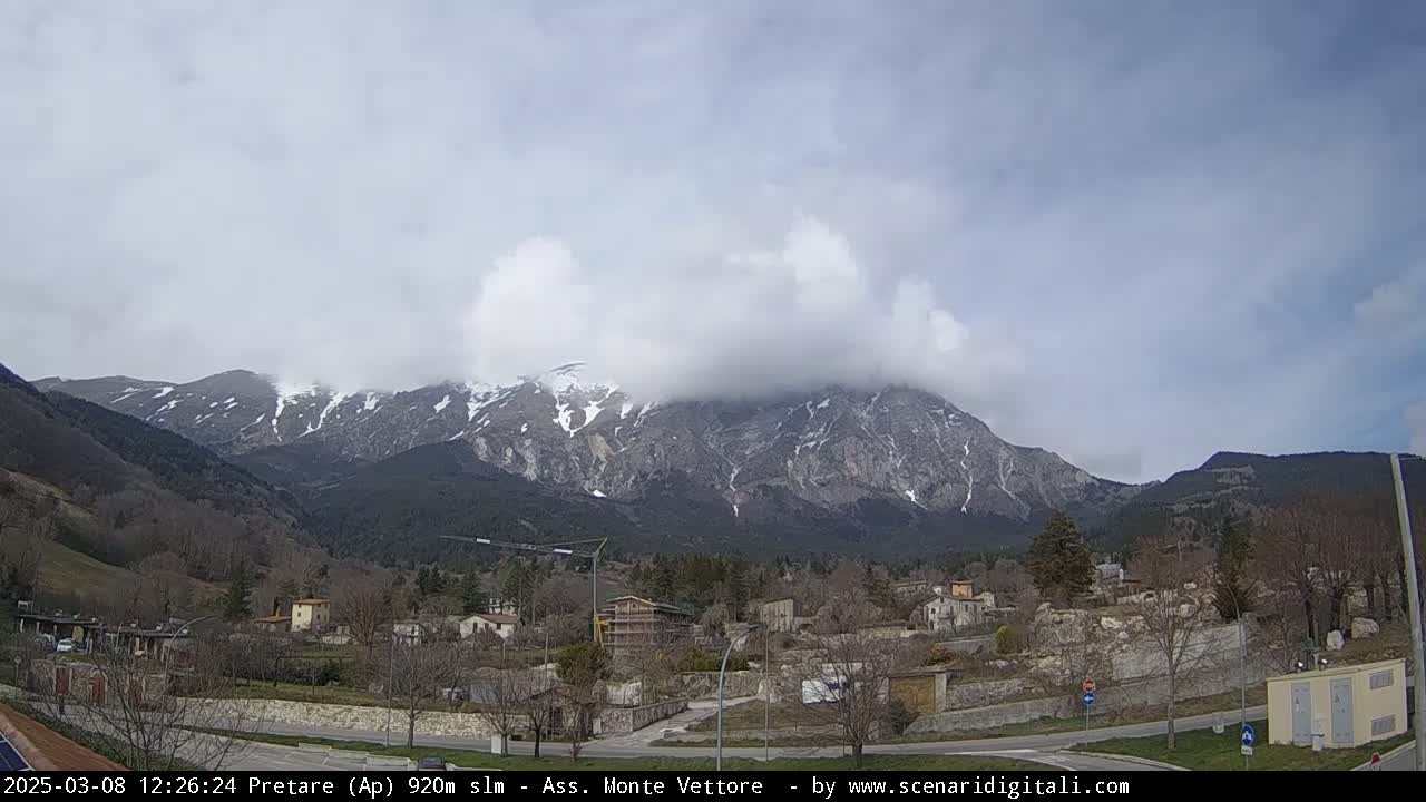 A partly cloudy day reveals a snow-capped mountain range behind a small village nestled in a valley.