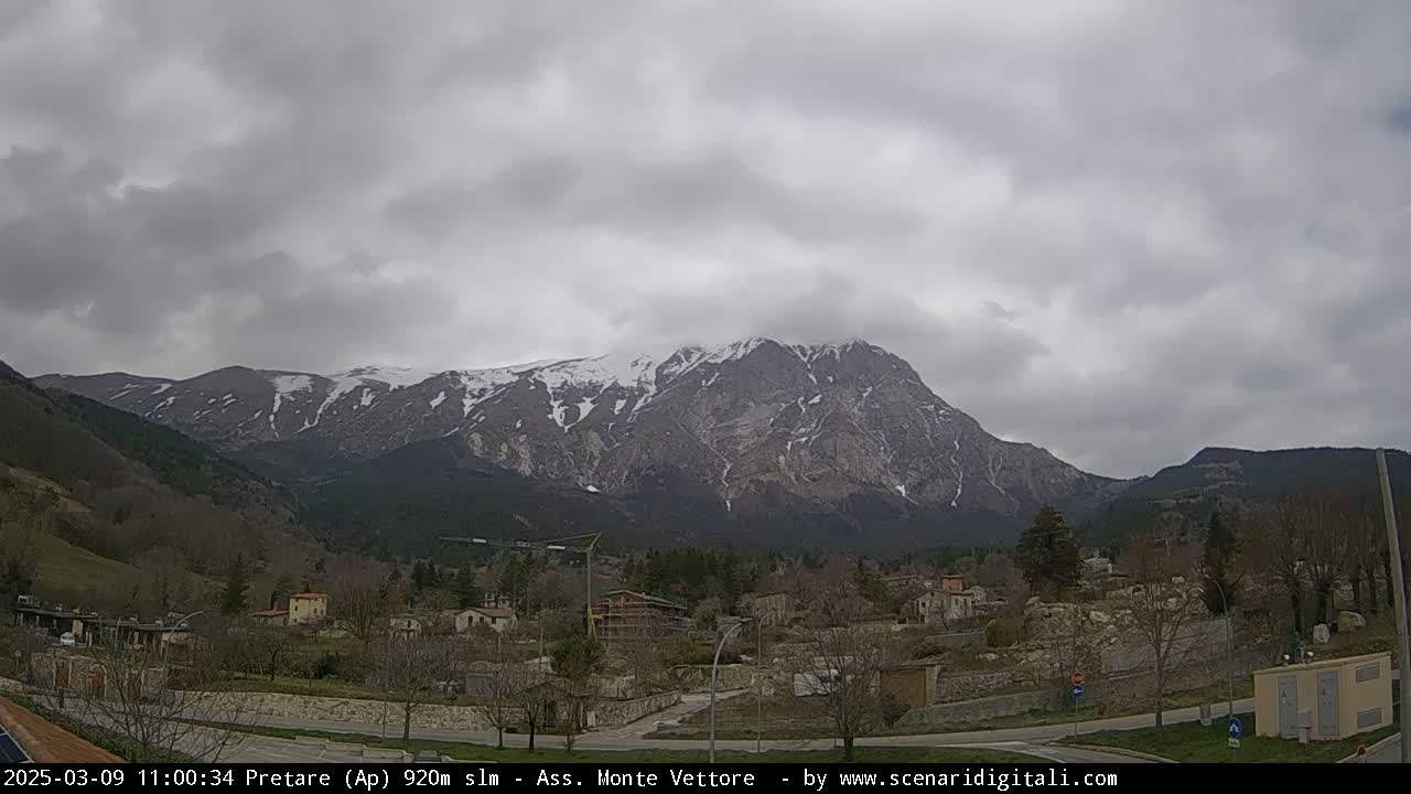 A snow-capped mountain range looms over a small village under a cloudy sky.