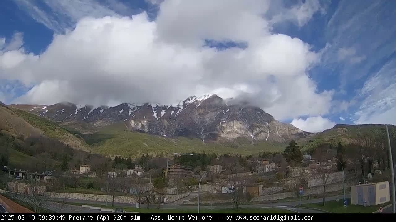 A partly cloudy sky overlooks a small village nestled at the base of a snow-capped mountain range.