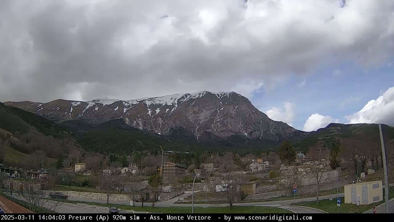 A snow-capped mountain looms over a small town nestled in a valley under a cloudy sky.