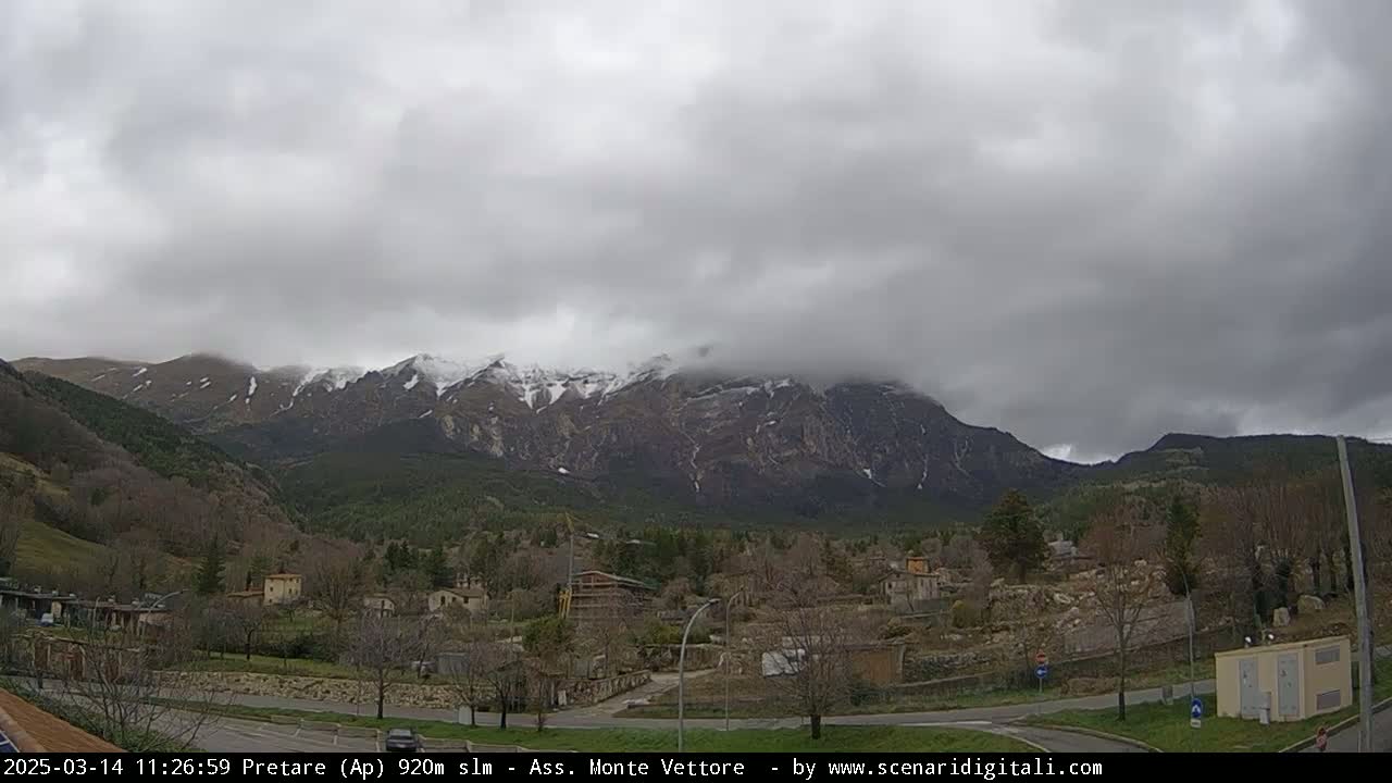 A valley town sits before snow-dusted mountains under a cloudy sky.