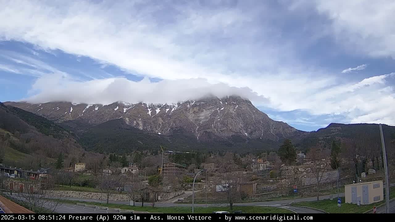 A partly cloudy day reveals a snow-dusted mountain range behind a small town nestled in a valley.