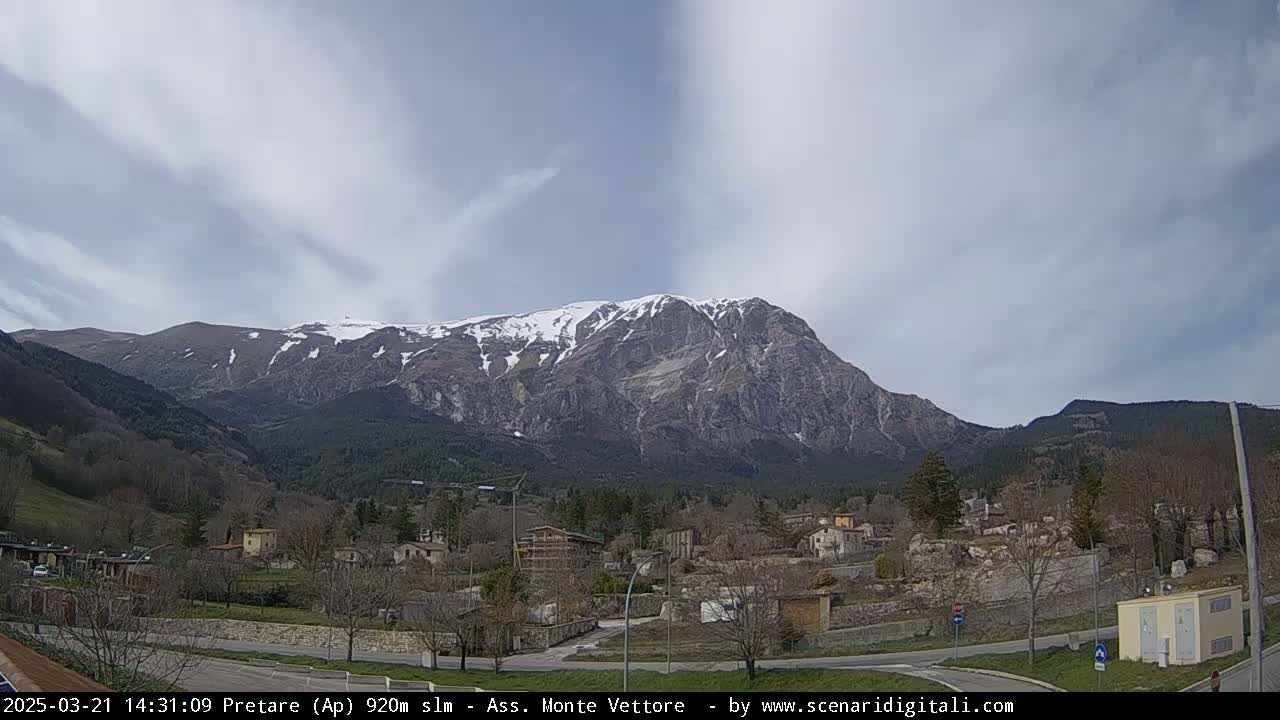 A partially snow-covered mountain looms over a small village under a partly cloudy sky.